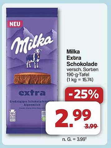 Milka Extra Schokolade 190-g-Tafel (1 kg = 15,74)