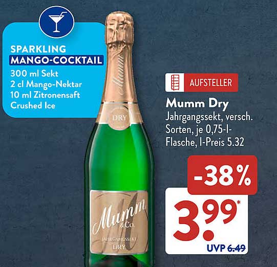 Mumm Dry Jahrgangssekt, 0,75l-Flasche zum Sonderpreis
