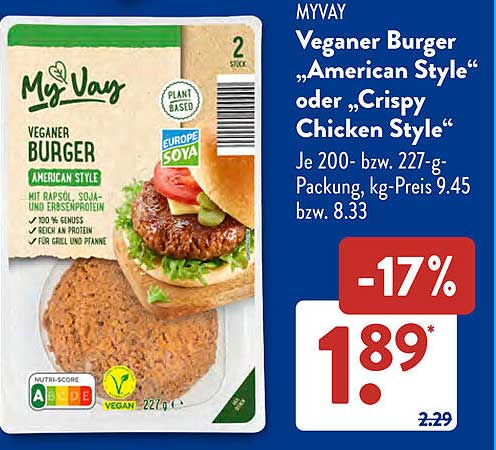 MYVAY Veganer Burger „American Style“ oder „Crispy Chicken Style“