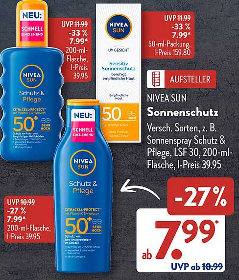 NIVEA SUN Sonnenschutz 200-ml-Flasche für 7,99€ (UVP 11,99€)