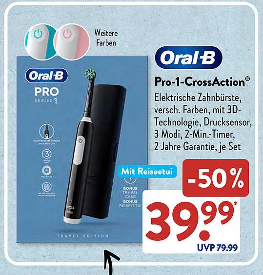 Oral-B Pro-1-CrossAction® Elektrische Zahnbürste mit Reisetui