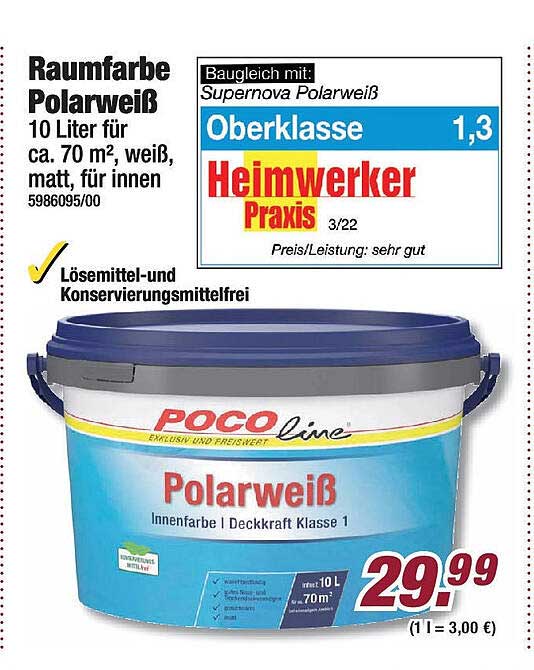 Raumfarbe Polarweiß 10 Liter für ca. 70 m², weiß, matt, für innen