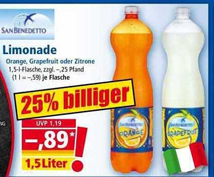San Benedetto Limonade - Orange, Grapefruit oder Zitrone (1,5L)