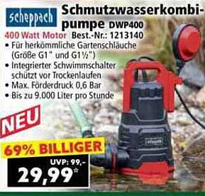Schmutzwasserpumpen DWP400 von Scheppach - 69% reduziert!
