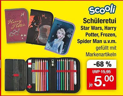 Schüleretui Star Wars, Harry Potter, Frozen und Spider Man gefüllt mit Markenartikeln