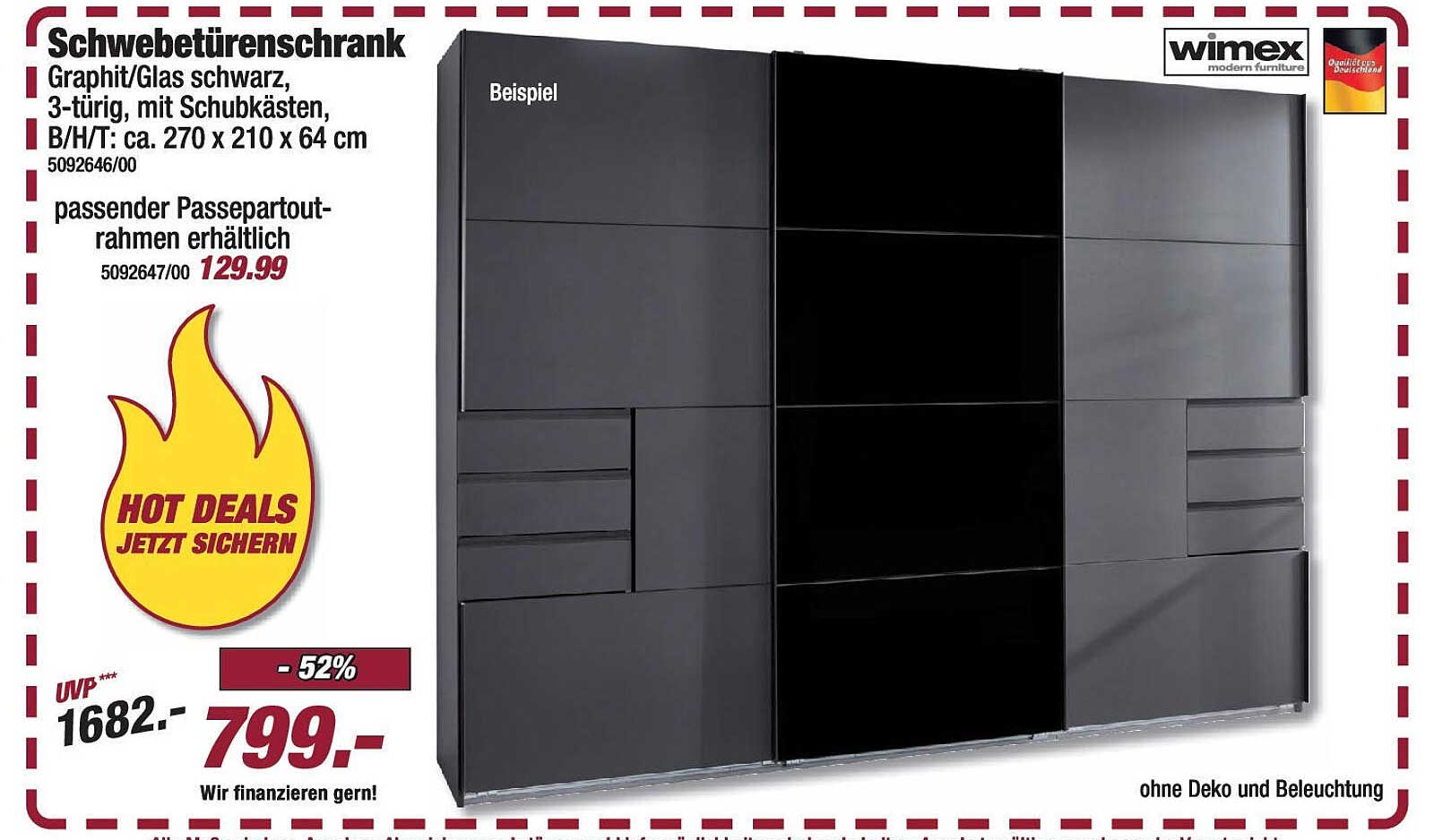 Schwebetürenschrank Graphit/Glas schwarz, 3-türig mit Schubkästen