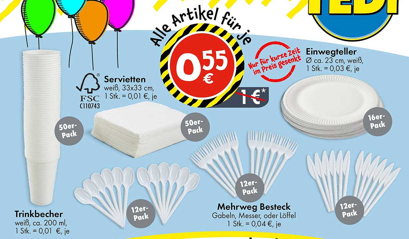 Servietten, Einwegteller, Trinkbecher und Mehrweg Besteck im Sonderangebot