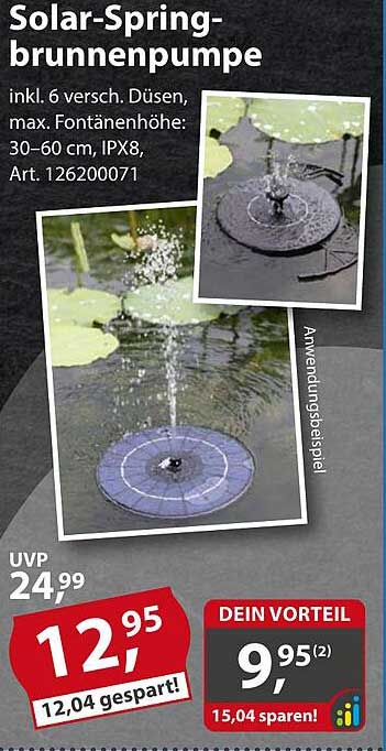Solar-Springbrunnenpumpe inkl. 6 versch. Düsen, max. Fontänenhöhe: 30–60 cm, IPX8, Art. 126200071