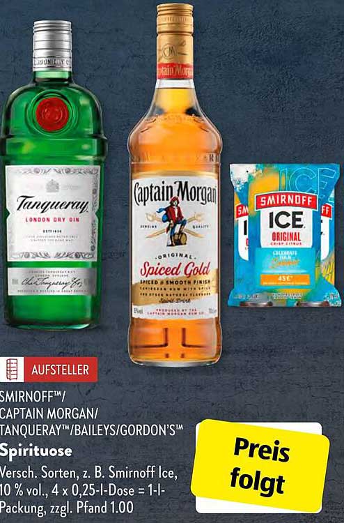 Spirituose: Smirnoff™, Captain Morgan, Tanqueray™ und Baileys™