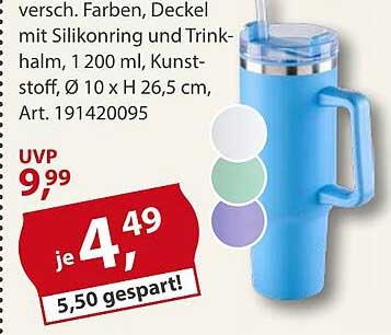 Trinkbecher mit Silikonring und Trinkhalm, 1200 ml, Kunstoff, Ø 10 x H 26,5 cm