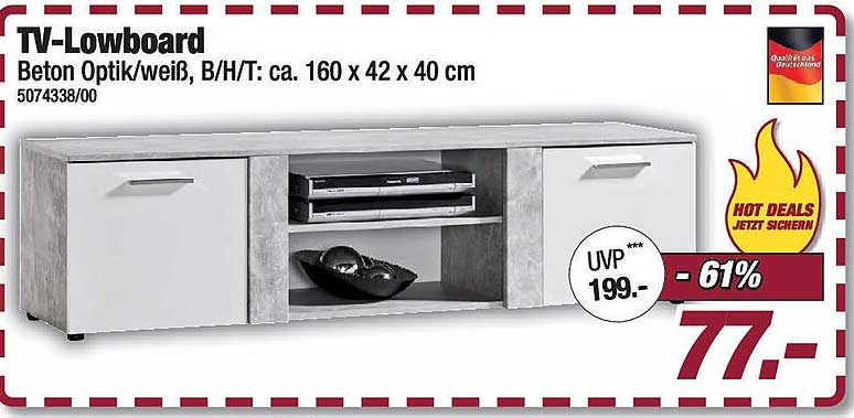 TV-Lowboard Beton Optik/weiß, B/H/T: ca. 160 x 42 x 40 cm