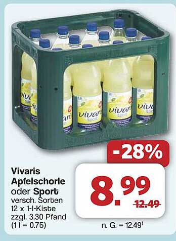 Vivaris Apfelschorle oder Sport, 12 x 1-L-Kiste
