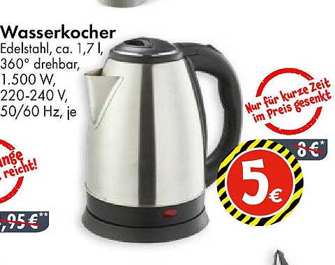 Wasserkocher Edelstahl, 1,7 l, 360° drehbar, 1.500 W