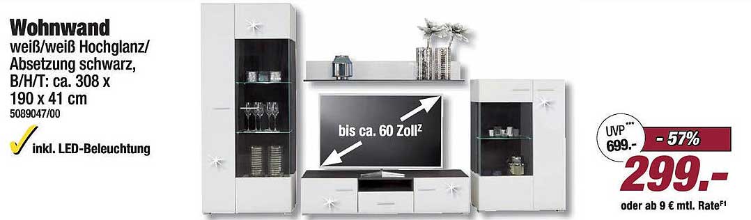 Wohnwand weiß/weiß Hochglanz mit LED-Beleuchtung