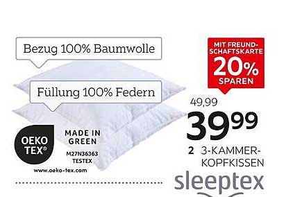2 3-Kammer-Kopfkissen Sleeptex - 100% Baumwolle, 100% Federn
