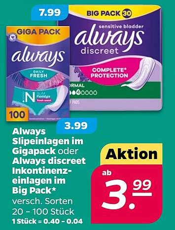 Always Slippeinlagen im Gigapack oder Always discreet Inkontinenz-Einlagen im Big Pack