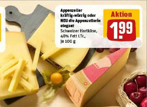 Appenzeller kräftig-würzig oder NEU die Appenzellerin elegant Schweizer Hartkäse, 48% Fett i.Tr., je 100 g