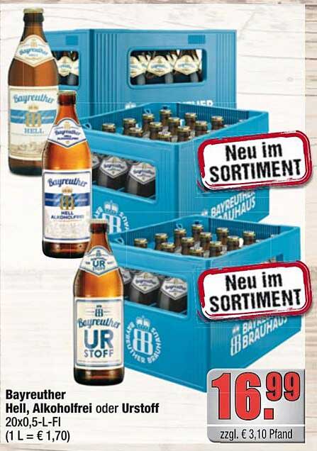 Bayreuther Hell, Alkoholfrei oder Urstoff 20x0,5-L-Fl