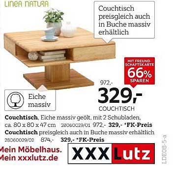 Couch Tisch Eiche massiv mit 2 Schubladen