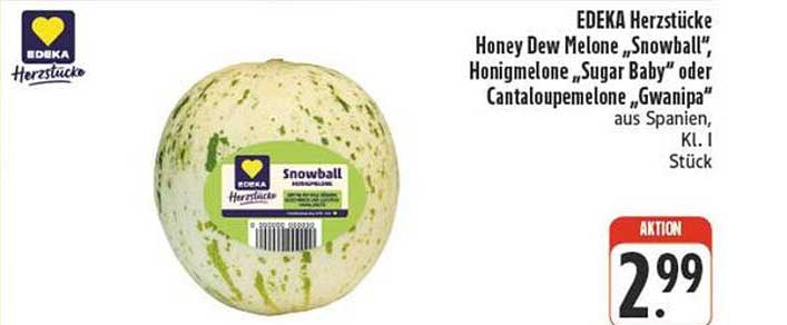 EDEKA Herzstücke Honey Dew Melone „Snowball“, Honigmelone „Sugar Baby“ oder Cantalupe-Melone „Gwanipa“, Kl. I Stück