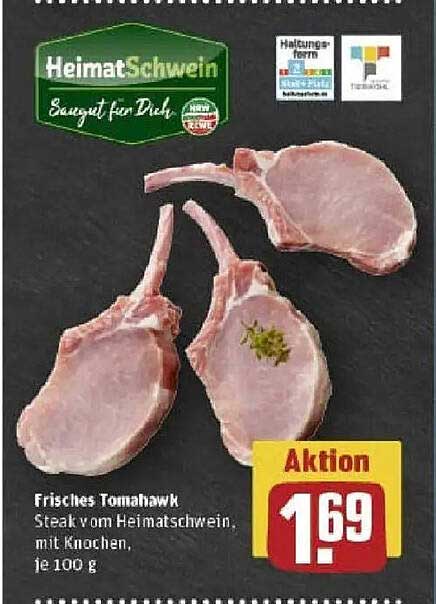 Frisches Tomahawk Steak vom HeimatSchwein, mit Knochen, je 100 g