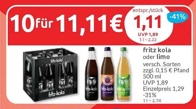 Fritz Kola oder Limo - 10 für 11,11 €