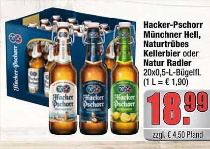 Hacker-Pschorr Münchner Hell, Naturtrübes Kellerbier oder Natur Radler 20x0,5-L-Bügelfl.