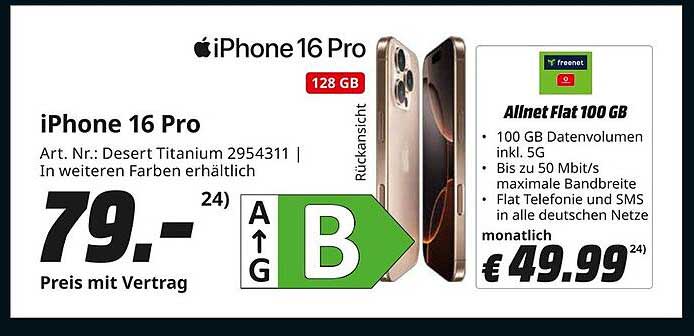 iPhone 16 Pro 128 GB mit Vertrag - nur 79,- €