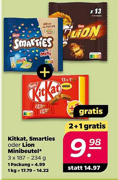 KitKat, Smarties oder Lion Minibeutel – 2 + 1 gratis!