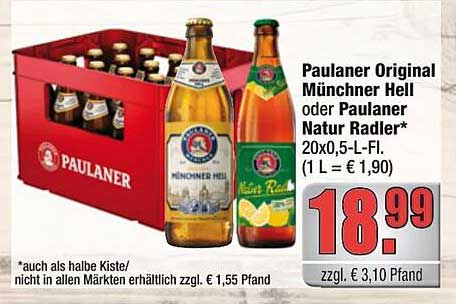 Paulaner Original Münchner Hell oder Paulaner Natur Radler - 20x0,5-L-Fl.