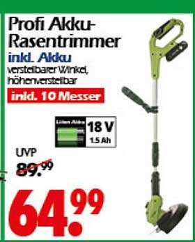 Profi Akku-Rasentrimmer inkl. Akku, verstellbarem Winkel, höhenverstellbar, inkl. 10 Messer