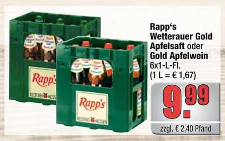Rapp's Wetterauer Gold Apfelsaft oder Gold Apfelwein 6x1-L-FI