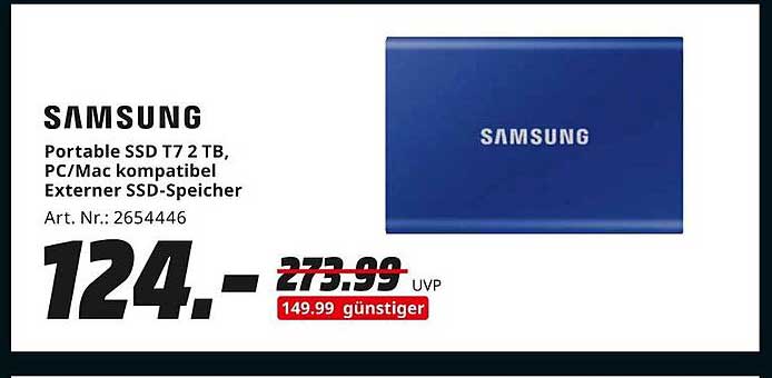Samsung Portable SSD T7 2 TB, PC/Mac kompatibel Externer SSD-Speicher