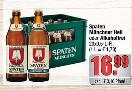 Spaten Münchner Hell oder Alkoholfrei 20x0,5 L-Fl.
