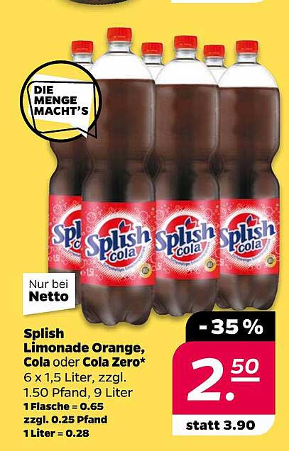 Splish Limonade Orange, Cola oder Cola Zero - 6 x 1,5 Liter