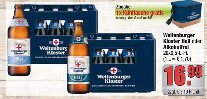 Weltenburger Kloster Hell oder Alkoholfrei 20x0,5-L-Fl.