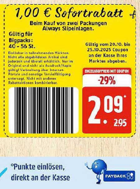 1,00 € Sofortrabatt auf Always Slip Einlagen (Bigpacks 40 - 56 Stk.)