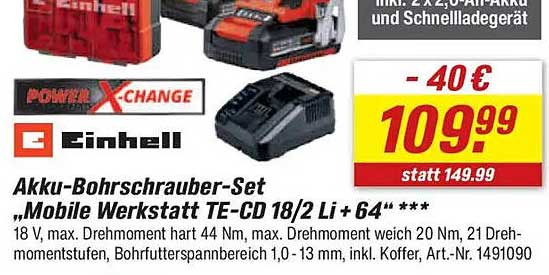 Akku-Bohrschrauber-Set „Mobile Werkstatt TE-CD 18/2 Li + 64"