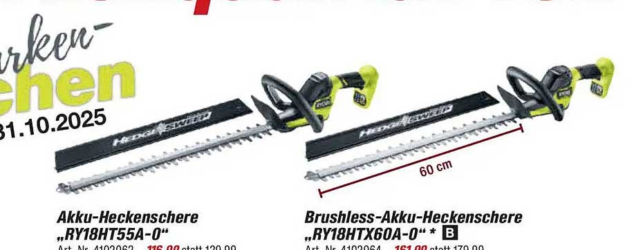 Akku-Heckenschere „RY18HT55A-0“ und Brushless-Akku-Heckenschere „RY18HTX60A-0“