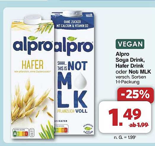 Alpro Soya Drink, Hafer Drink oder Not MLK - 1,49 €