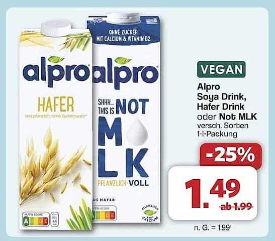 Alpro Soya Drink, Hafer Drink oder Not MLK – verschiedene Sorten, 1 l-Packung