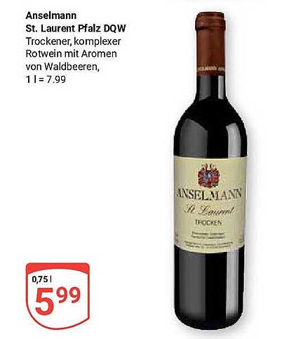 Anselmann St. Laurent Pfalz DQW 0,75 l – Trockener Rotwein mit Aromen von Waldbeeren