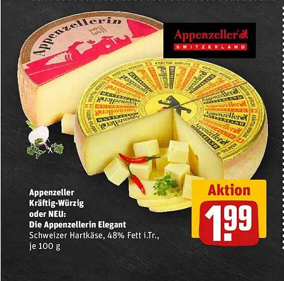 Appenzeller Kräftig-Würzig oder NEU: Die Appenzellerin Elegant, Schweizer Hartkäse, 48% Fett i.Tr., je 100 g