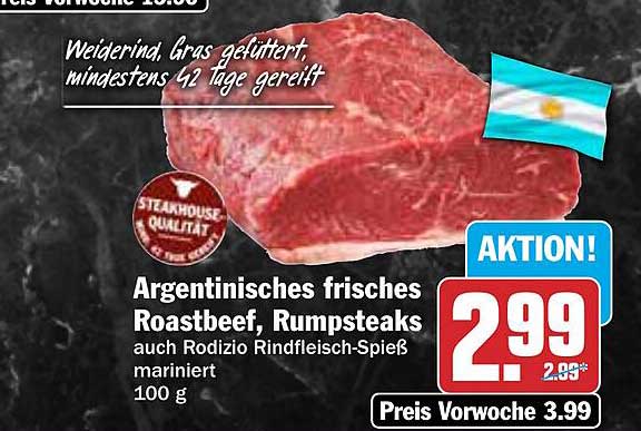 Argentinisches frisches Roastbeef, Rumpsteaks auch Rodizio Rindfleisch-Spieß mariniert 100 g