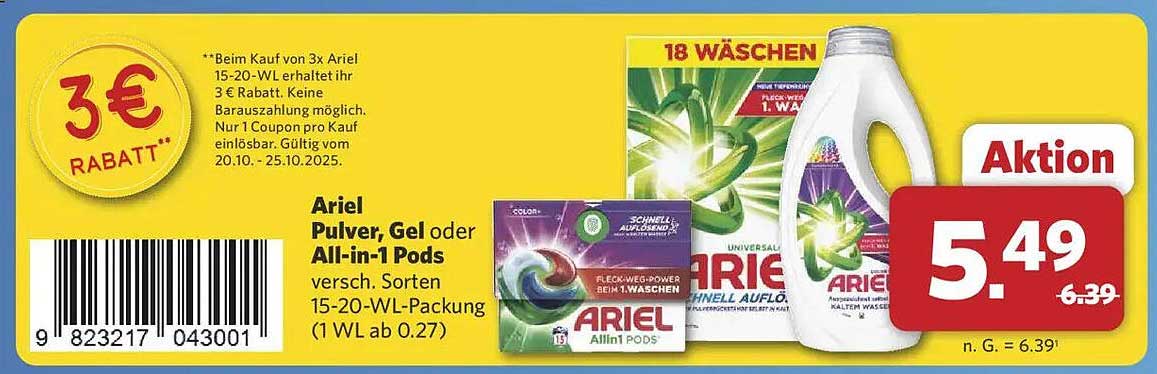 Ariel Pulver, Gel oder All-in-1 Pods – verschiedene Sorten 15-20 WL-Packung