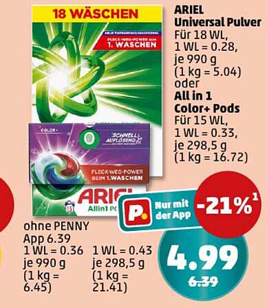 ARIEL Universal Pulver und All-in-1 Color Pods im Angebot
