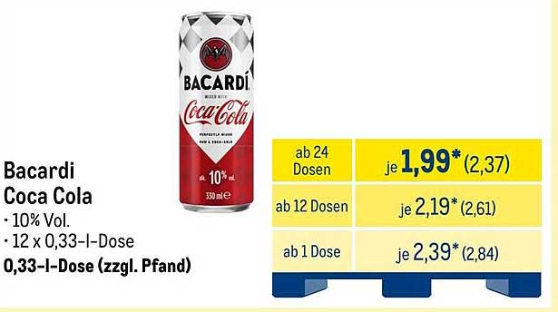 Bacardi Coca Cola 0,33 I-Dose (zzgl. Pfand)
