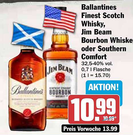 Ballantines Finest Scotch Whisky, Jim Beam Bourbon Whiskey oder Southern Comfort