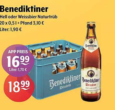 Benediktiner Hell oder Weissbier Naturtrüb - 20 x 0,5 l für nur 16,99 € (APP Preis 16,99 €)