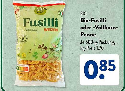 Bio-Fusilli oder Vollkorn-Penne 500 g Packung
